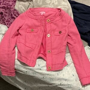 Lilly Pulitzer Girls Pink Frayed-Trim Jacket with Gold Buttons